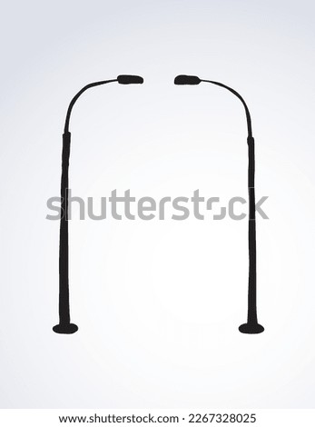 Big single iron led lit spotlight set on white backdrop. Freehand dark black ink outline hand drawn path public object sign icon banner in art doodle style pen on paper space for text. Closeup view