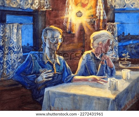 2 poor human sad lady look male guy guest talk bore love toast eat meal food cup wooden hut seat light lamp dark dusk sky Hand draw adult young marry pair sit relax think even night retro graphic art 