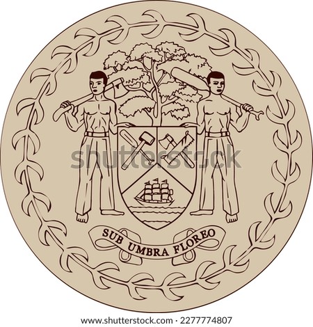 Closeup south world heraldic land city liberty pride glory day war unity man tree round shape view white sky text space. Hand drawn black line web art circle official peace labor unit shield seal set