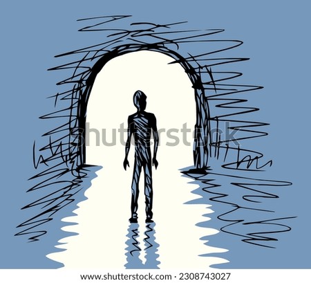 1 young sad body go pass away dead black water hole road view deep grief spirit problem bright white text space. Hand drawn clinical soul die glow ray old gate logo icon sign design mystic cartoon art