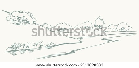 Old mount outline dark black ink pen hand drawn fall dale slope travel trail road path way oak shrub scene picture retro art paper style Artist pencil line shore beach reed text space artwork backdrop