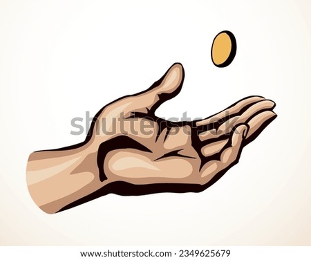 Close up view old age jewish male palm arm catch shot flip true bet head tail line icon white sky. Outlin black drawn crisis fate die win fun hope idea girl prayer pray ask bible god vector art sketch