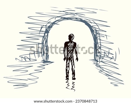 Young sad body go pass away black water hole road view deep grief spirit problem bright white text space. Hand drawn clinical soul die glow ray old gate logo icon sign design mystic doodle cartoon art