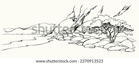 East arab biblic line old african crack crag canyon mount cliff break slope creek fall flow lush shrub scenic sky text space view. outline black hand drawn asian scene retro cartoon art doddle style