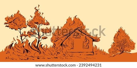 Vector drawing. Unreasonable work. A fireman puts out a bush instead of a house