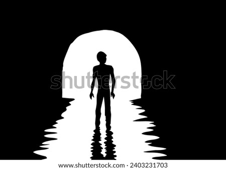 1 young sad body go pass away dead black water hole road view deep grief spirit problem bright white text space. Hand drawn clinical soul die glow ray old gate logo icon sign design mystic cartoon art