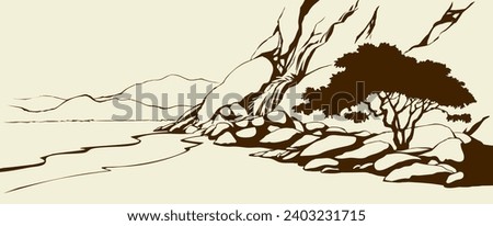 East arab biblic line old african crack crag canyon mount cliff break slope lush shrub scenic white sky text space view. Outline black ink pen hand drawn hot asian scene retro cartoon art doddle style