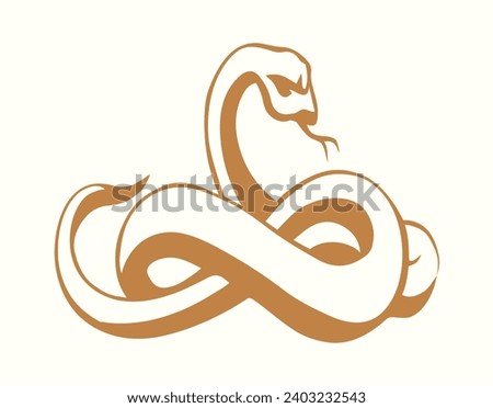 Scary big snake. Vector drawing Closeup view big curve death teeth crawl king viperidae crotalus asp serpentine skin coil white sand ground text space. Outline black ink pen hand drawn abstract zoo em