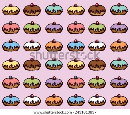 Greet happy party jew hannukah fast cafe meal isolated on light pink backdrop. Bright color hand drawn round hanukiah fat sweet sugar glaze frost soft cookie design art retro doodle cartoon vector
