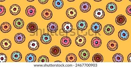 Greet happy party jew hannukah fast cafe meal isolated on yellow backdrop. Tileable bright color hand drawn round hanukiah fat sweet sugar glaze frost soft cookie design art retro doodle cartoon vecto