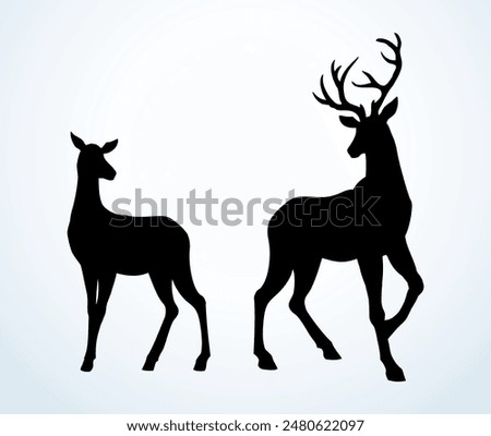 Cute big grace elegant strong power hoof rut rack head snout stand hunt fog farm winter field snow sky scenic view Old large zoo dry lawn meet sika baby child kid scene cartoon art logo emblem element