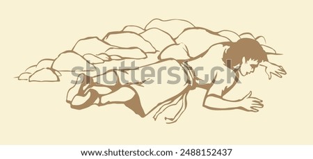 Young lost poor ill sick faint tired sad jewish male kid boy guy Ishmael nap body cry god drunk drug arab girl pain aid rest. Hand drawn hot dry dirty rock sand land old muslim islam vector art sketch