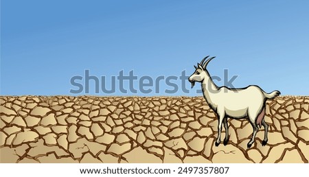 Old nomad rural lamb ram stand rough dead dirty clay sand dirt mud park heat sky hand drawn biblic Israel land art scene. Scenic bible view white lost lone dairy fawn roe alone stag pet sheep travel