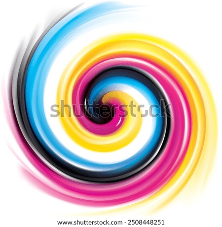 Creative eddy aqua pattern of vivid primary dye gamma full palette pigment symbol frame banner. Printout technology process glossy curvy spraying ripple disk icon sign logo. Closeup view text space