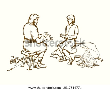 Vector drawing. Jacob gives soup to Esau