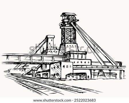 Old urban big iron mineral quarry rock mine refine excavate mill work on white sky. Black outline hand drawn heavy coal carbon crude diesel tank service icon sign text sketch as retro high art cartoon