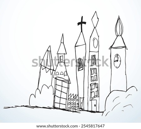 Cute ancient historic spire dome roof palace door gate tree scenic view white sky text space. Outline art black ink pen hand drawn retro road way scene line antique history artist style symbol design