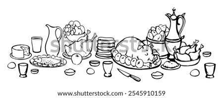 Healthy fresh tasty royal farm feast event cook wine apple juice cup hot pie bowl fat grill bbq ham bacon snack slice plate tavern cafe bar set. Hand drawn line art sketch old retro medieval age menu