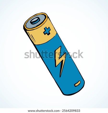 Modern auto engine chemical lithium cylinder on light backdrop. Bright blue color hand drawn pole object logo pictogram emblem concept in retro art doodle cartoon style on space for text. Closeup view