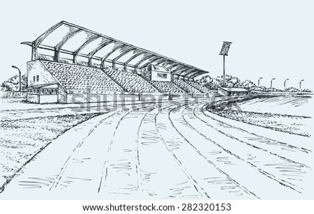 Small local modern village empty ballpark with spotlight, fan bleacher and canopy roof of sun or rain. Vector freehand ink drawn sketch in art doodle style. Panoramic view with space for text on sky