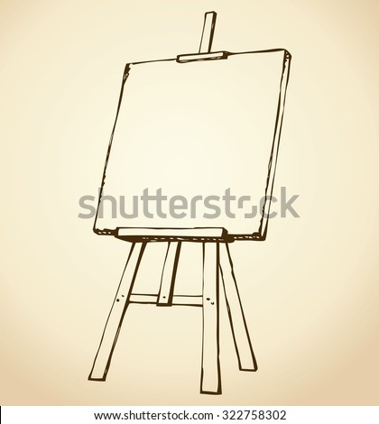 Class wooden support with new chalkboard isolated on beige backdrop. Vector freehand linear ink drawn icon sketchy in art scribble antique style pen on carton. Front close-up view with space for text 