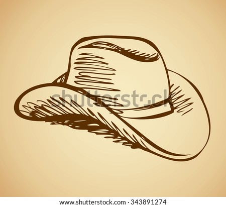 American men wild west ride leather lid symbol isolated on beige background. Freehand outline ink hand drawn icon sketchy in ancient scribble style pen on paper. Side closeup view with space for text