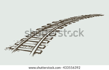 Endless wooden ties and wavy bend steel rails isolated on white. Freehand outline ink hand drawn picture icon sketchy in art scribble vintage style pen on paper. Perspective view with space for text