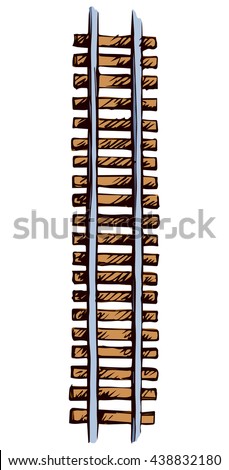 Endless wooden brown ties and direct right steel grey rails isolated on white. Bright color hand drawn picture sketchy in art scribble style. Top view with space for text