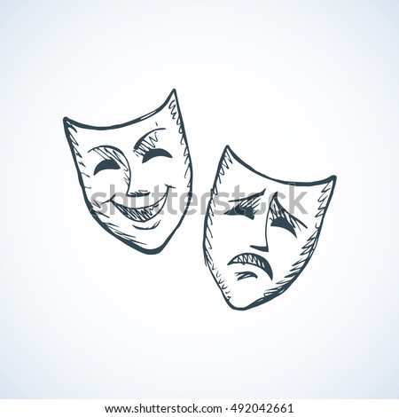 Two ancient traditional greek game human masks costume isolated on white background. Freehand outline ink hand drawn concept picture sign sketchy in retro artistic doodle graphic style pen on paper