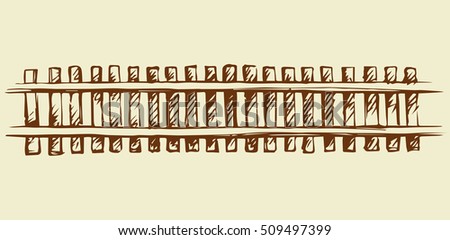 Endless wooden ties and right direct steel rails isolated on white. Freehand outline ink hand drawn picture sketchy in art scribble vintage style pen on paper. Top view with space for text on land