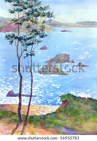 Watercolor landscape. On a steep beach rose tree