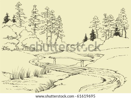 Vector drawing. Forest landscape with stream, through which runs the bridge