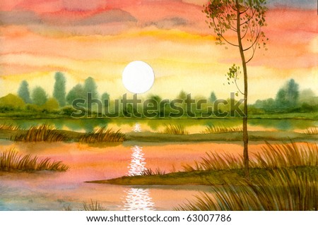 Watercolor landscape. Above the quiet river lone tree accompanies the sun