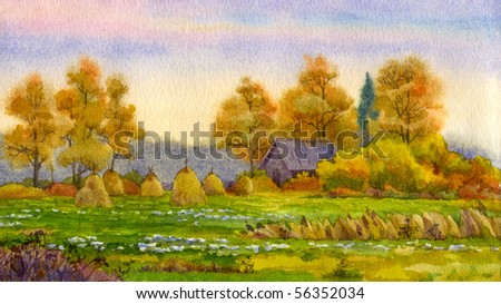 Watercolor landscape. Stack of hay in the autumn meadow near the barn