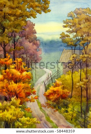 Watercolor landscape. Countryside view of a dirt road near the autumnal forest