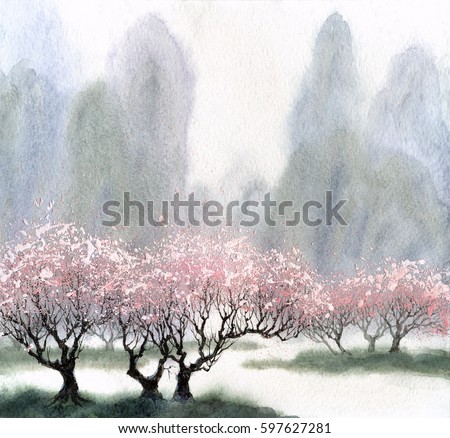 Light color watercolour scene in handmade asian style on paper backdrop and space for text on white fog. Quiet romantic springtime scenic view. Old lush rose peach on haze island bank of calm pond bay