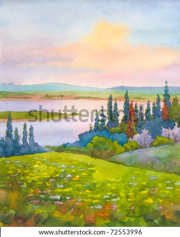 Watercolor landscape. Panoramic view from the hills with a spring flowering trees and meadows on the river in the valley