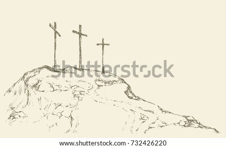 Three historic jew old tomb roods. Traditional lent crucified scene isolated on white backdrop. Outline black ink hand drawn picture sketch in doodle retro style pen on paper and space for text on sky