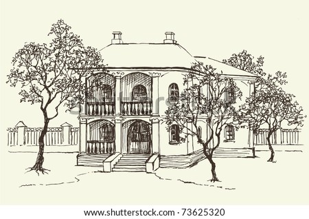 Vector landscape. Sketch drawing of the old house among the orchard