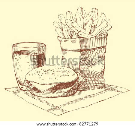 Vector still-life. A fresh breakfast: a hamburger, French fries and a drink on a napkin