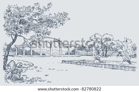 Vector sketch. A landscape of autumn  park with a bench under a tree opposite to a fountain