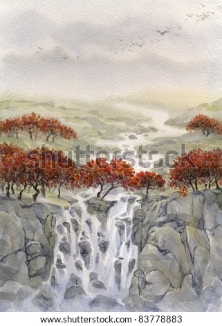 Watercolor landscape. By the autumn the valley past the yellowing trees, flowing mountain stream, which flows down a waterfall in the gorge