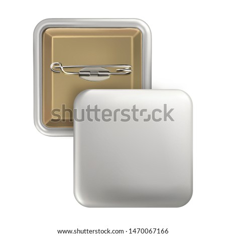 Square shape badge pin brooch white color. Mock Up. Vector realistic illustration isolated on white background.