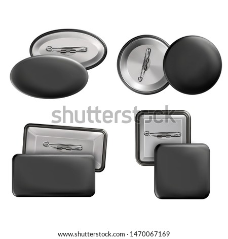 Vector. Mock Up. Set badge pin brooch of round, rectangular, oval, square shapes in black color. Realistic illustration isolated on white background.