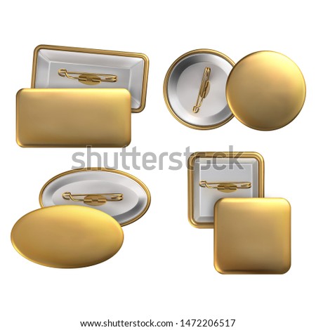 Vector. Mock Up. Set badge pin brooch of round, rectangular, oval, square shapes in gold color. Realistic illustration isolated on white background.