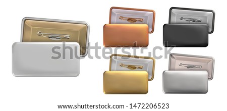 Vector. Mock Up. Set rectangular badge pin brooch of white, black, gold, silver, copper colors. Realistic illustration isolated on white background.