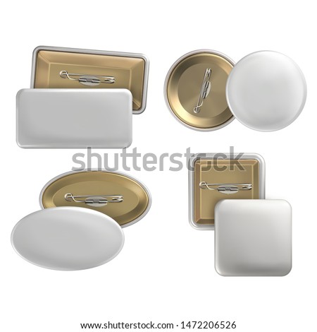 Vector. Mock Up. Set badge pin brooch of round, rectangular, oval, square shapes in white color. Realistic illustration isolated on white background.