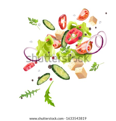 A splash of fresh vegetable salad. Vegetarianism, vitamins, healthy nutrition, diet. Vector 3d realistic dynamic composition isolated on white background.