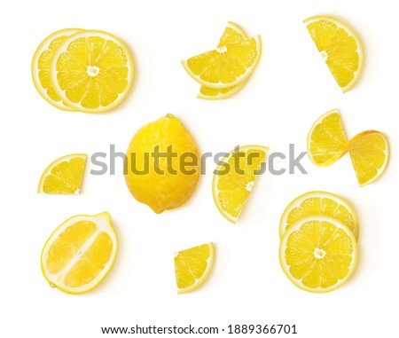 a set of whole lemon, lemon halves, slices and quarters of lemons lying on a white background. vector illustration