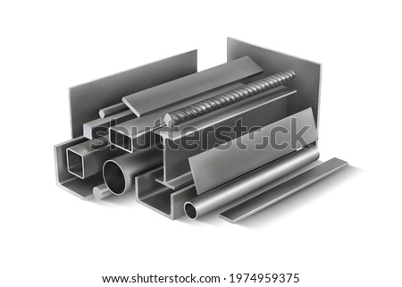 Set 2 of metal parts for metal structures. 3d vector illustration